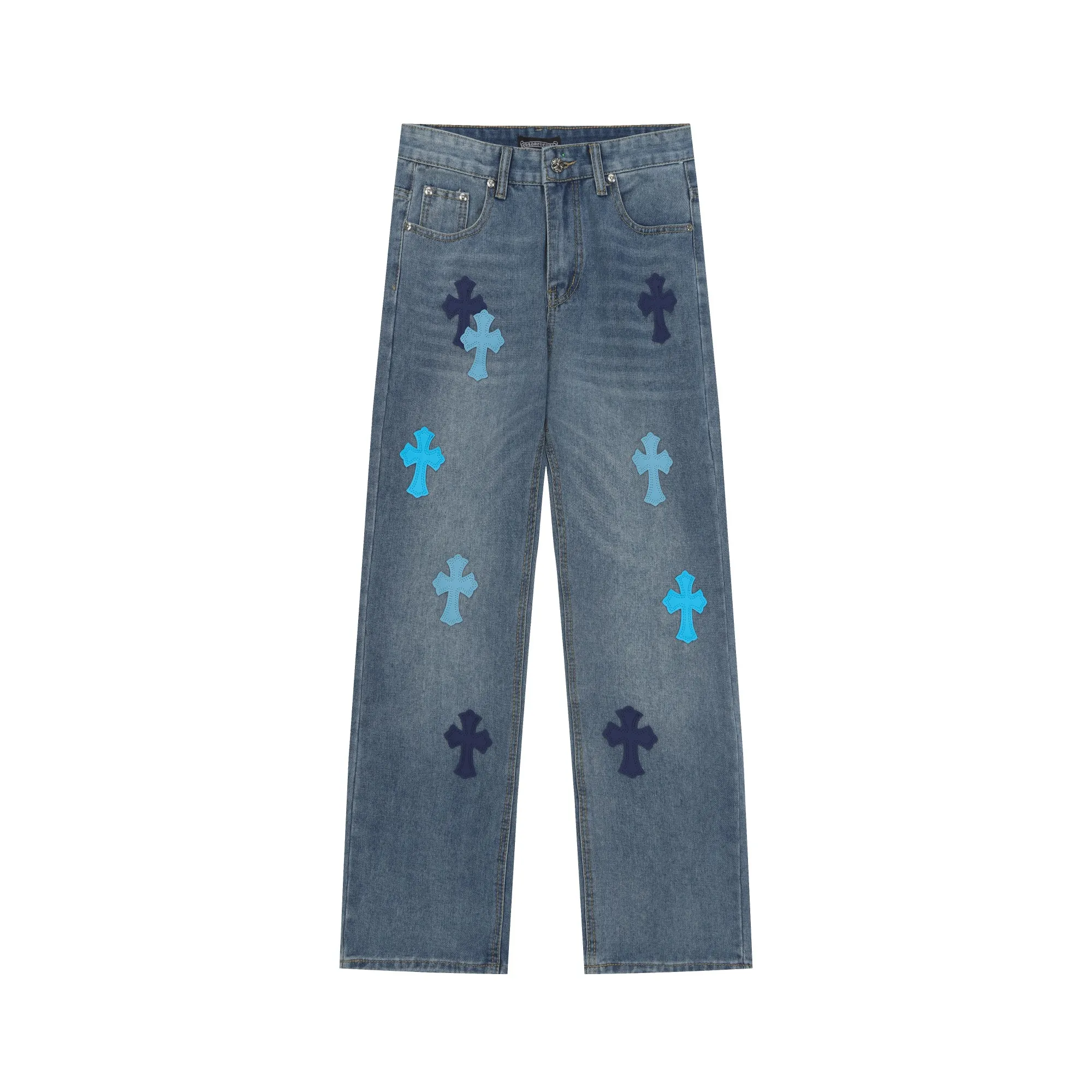 P270 Chrome Hearts/Chrome Hearts 25ss classic colored leather cross washed color cloth denim trousers for men and women Color: Picture color Code number: 28-36